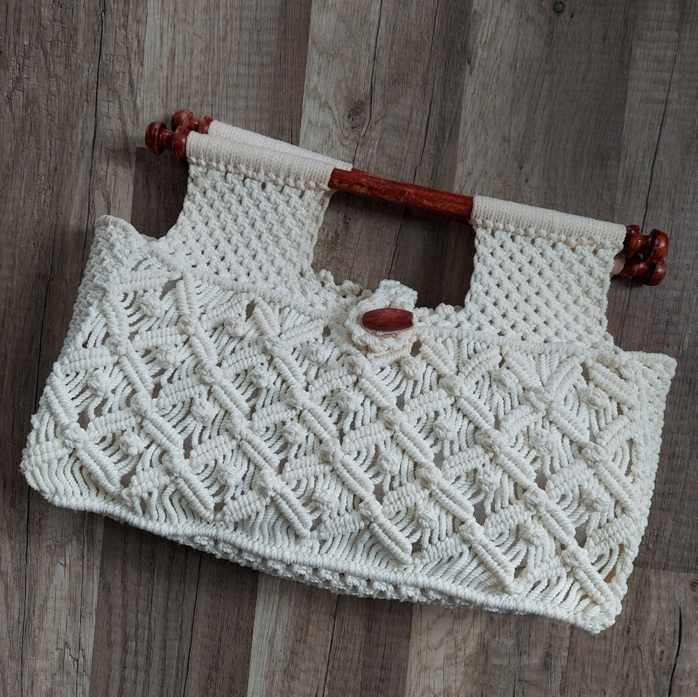 Vintage Woven Macrame Clutch w/ Wood Handles 70s 80s